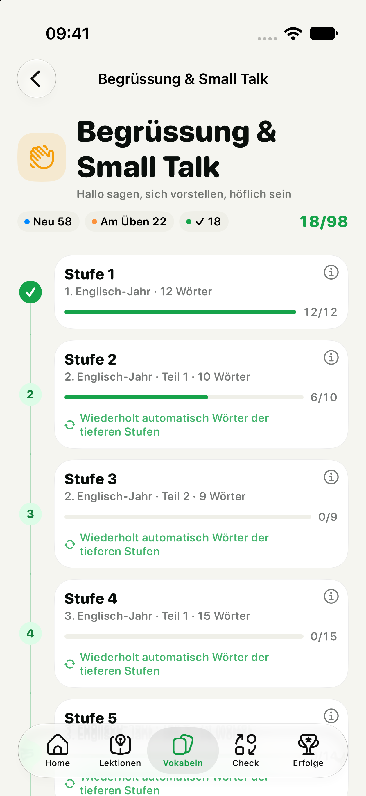 Stufen eines Wortfelds mit Fortschritt